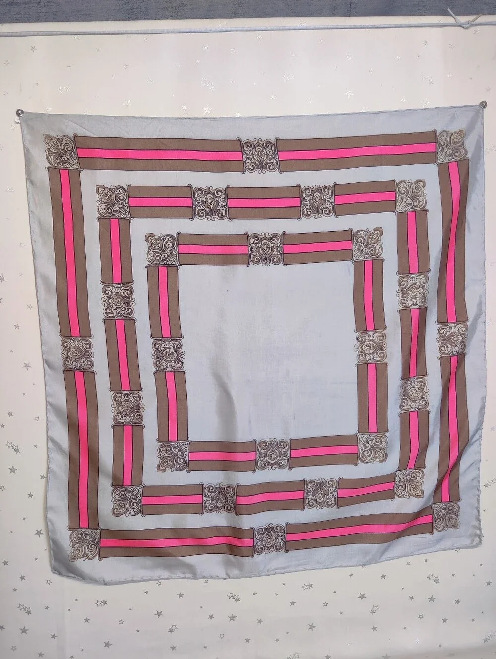 Vintage JCPenney 100% Silk Scarf Square 30x30 Made in Italy Pink Gray Silver